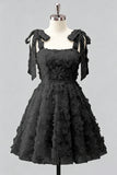 Light Blue A-Line Floral Bowed Straps Beaded Graduation Dress with Lace Up Back