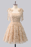 Light Blue A-Line Floral Bowed Straps Beaded Graduation Dress with Lace Up Back