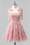Light Blue A-Line Floral Bowed Straps Beaded Graduation Dress with Lace Up Back