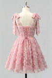 Light Blue A-Line Floral Bowed Straps Beaded Graduation Dress with Lace Up Back