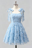 Light Blue A-Line Floral Bowed Straps Beaded Graduation Dress with Lace Up Back