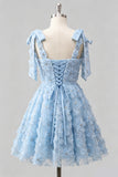 Light Blue A-Line Floral Bowed Straps Beaded Graduation Dress with Lace Up Back