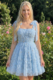 Light Blue A-Line Floral Bowed Straps Beaded Graduation Dress with Lace Up Back