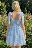Light Blue A-Line Floral Bowed Straps Beaded Graduation Dress with Lace Up Back