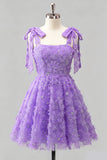 Light Blue A-Line Floral Bowed Straps Beaded Graduation Dress with Lace Up Back