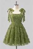 Light Blue A-Line Floral Bowed Straps Beaded Graduation Dress with Lace Up Back