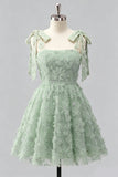 Light Blue A-Line Floral Bowed Straps Beaded Graduation Dress with Lace Up Back