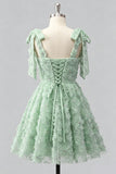 Light Blue A-Line Floral Bowed Straps Beaded Graduation Dress with Lace Up Back
