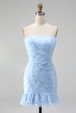 Strapless Sage Green Bodycon Ruffled Beaded Graduation Dress with Lace Up Back