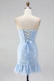 Strapless Sage Green Bodycon Ruffled Beaded Graduation Dress with Lace Up Back