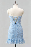 Strapless Sage Green Bodycon Ruffled Beaded Graduation Dress with Lace Up Back