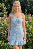 Strapless Sage Green Bodycon Ruffled Beaded Graduation Dress with Lace Up Back