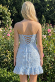 Strapless Sage Green Bodycon Ruffled Beaded Graduation Dress with Lace Up Back