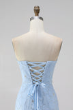 Strapless Sage Green Bodycon Ruffled Beaded Graduation Dress with Lace Up Back