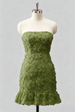 Strapless Sage Green Bodycon Ruffled Beaded Graduation Dress with Lace Up Back