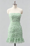 Strapless Sage Green Bodycon Ruffled Beaded Graduation Dress with Lace Up Back