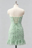 Strapless Sage Green Bodycon Ruffled Beaded Graduation Dress with Lace Up Back