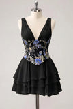 Pink Ruffled A-Line V-Neck Mini Graduation Dress with Sequins