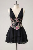 Pink Ruffled A-Line V-Neck Mini Graduation Dress with Sequins