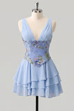 Pink Ruffled A-Line V-Neck Mini Graduation Dress with Sequins