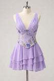 Pink Ruffled A-Line V-Neck Mini Graduation Dress with Sequins