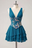 Pink Ruffled A-Line V-Neck Mini Graduation Dress with Sequins
