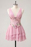 Pink Ruffled A-Line V-Neck Mini Graduation Dress with Sequins