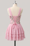 Pink Ruffled A-Line V-Neck Mini Graduation Dress with Sequins