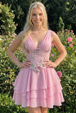 Pink Ruffled A-Line V-Neck Mini Graduation Dress with Sequins
