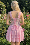 Pink Ruffled A-Line V-Neck Mini Graduation Dress with Sequins