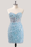 Strapless Blue Sheer Corset Sequins Bodycon Party Dress with 3D Flowers