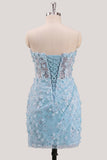 Strapless Blue Sheer Corset Sequins Bodycon Party Dress with 3D Flowers