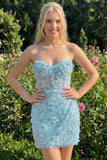 Strapless Blue Sheer Corset Sequins Bodycon Party Dress with 3D Flowers