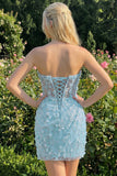 Strapless Blue Sheer Corset Sequins Bodycon Party Dress with 3D Flowers