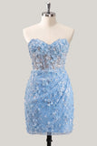 Strapless Blue Sheer Corset Sequins Bodycon Party Dress with 3D Flowers