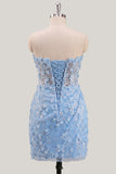Strapless Blue Sheer Corset Sequins Bodycon Party Dress with 3D Flowers