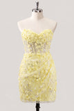 Strapless Blue Sheer Corset Sequins Bodycon Party Dress with 3D Flowers