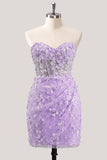 Strapless Blue Sheer Corset Sequins Bodycon Party Dress with 3D Flowers