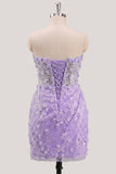 Strapless Blue Sheer Corset Sequins Bodycon Party Dress with 3D Flowers