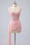 Pink Corset Bodycon Ruched Beaded Lace Up Back Cocktail Dress with Sash