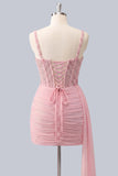 Pink Corset Bodycon Ruched Beaded Lace Up Back Cocktail Dress with Sash