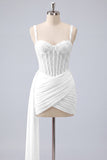 Pink Corset Bodycon Ruched Beaded Lace Up Back Cocktail Dress with Sash