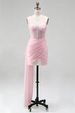 Pink Corset Bodycon Ruched Beaded Lace Up Back Cocktail Dress with Sash