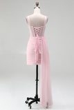 Pink Corset Bodycon Ruched Beaded Lace Up Back Cocktail Dress with Sash