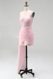 Pink Corset Bodycon Ruched Beaded Lace Up Back Cocktail Dress with Sash