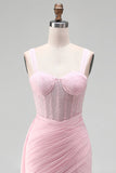 Pink Corset Bodycon Ruched Beaded Lace Up Back Cocktail Dress with Sash