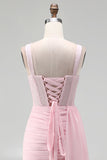 Pink Corset Bodycon Ruched Beaded Lace Up Back Cocktail Dress with Sash
