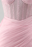 Pink Corset Bodycon Ruched Beaded Lace Up Back Cocktail Dress with Sash