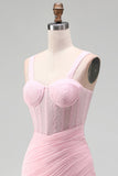 Pink Corset Bodycon Ruched Beaded Lace Up Back Cocktail Dress with Sash