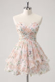 Sweetheart Pink Floral Ruffled A-Line Graduation Dress with Bow